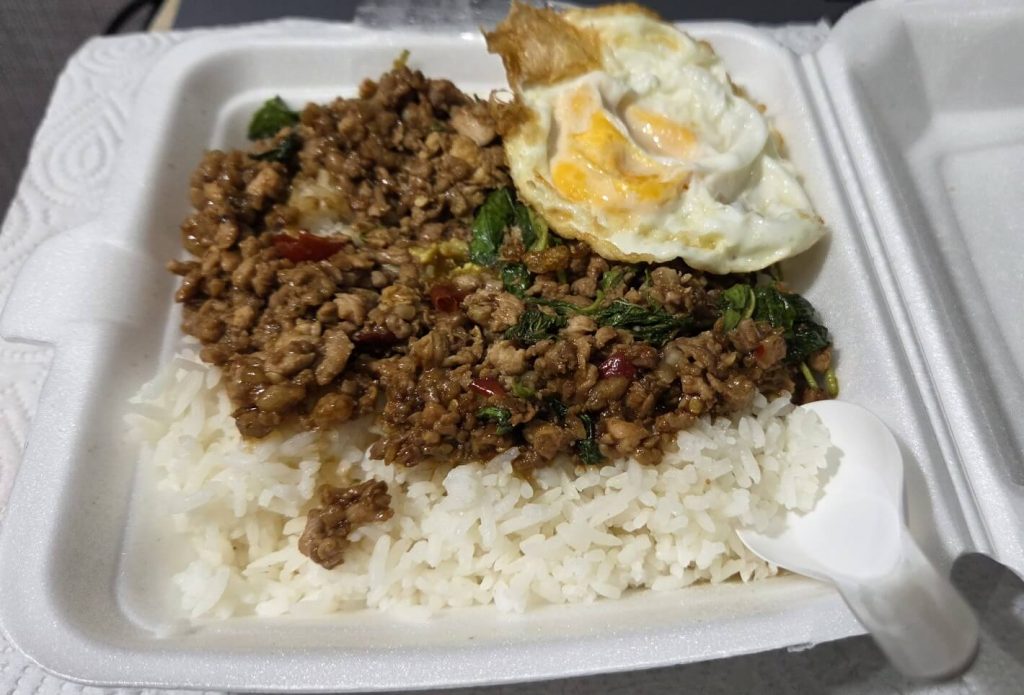 Pad kra pao with ground pork and fried egg