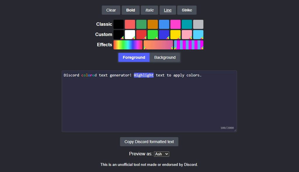 Discord color text generator tool